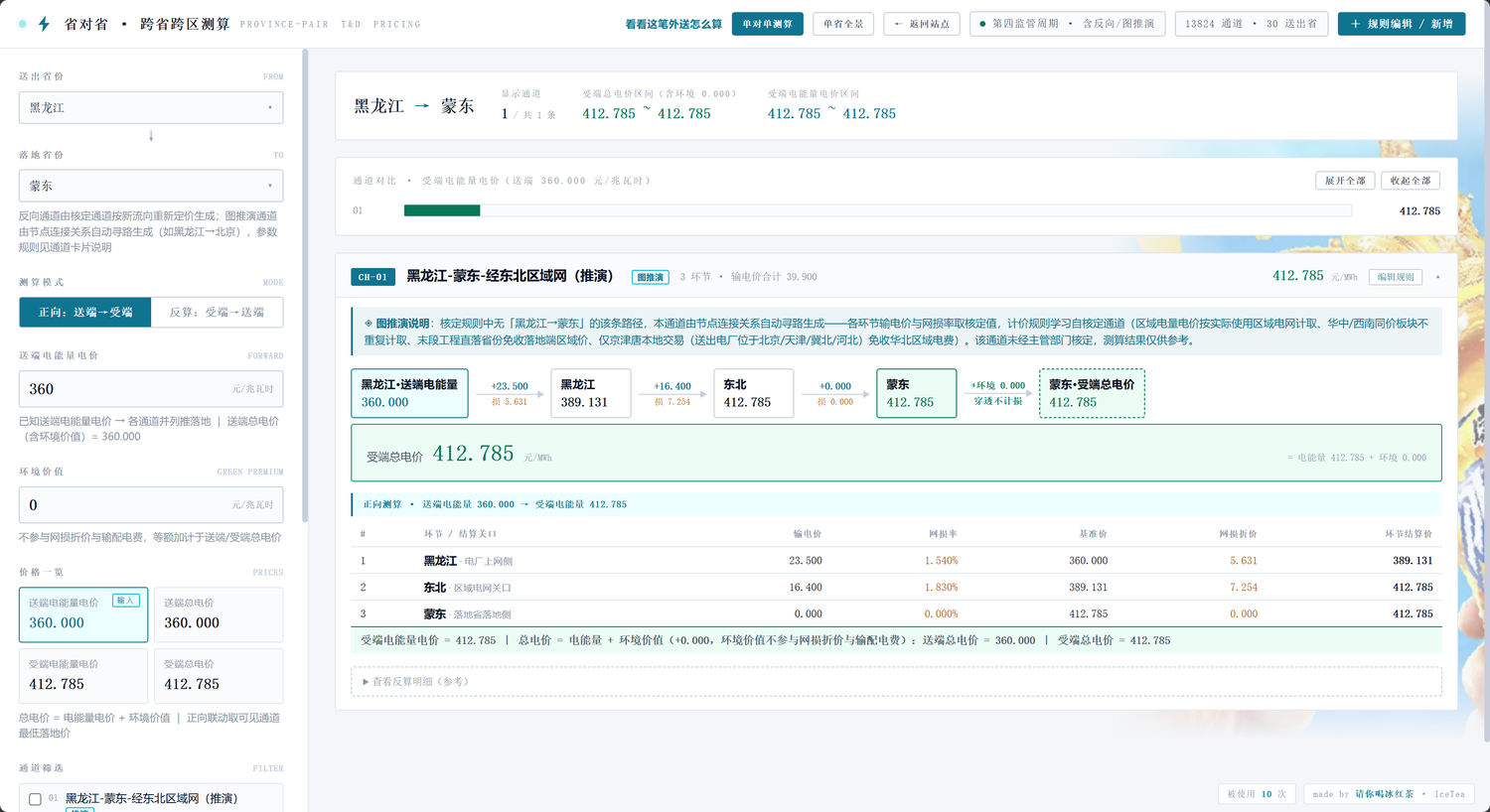 工具单对单测算:受端总电价 412.785 元/兆瓦时